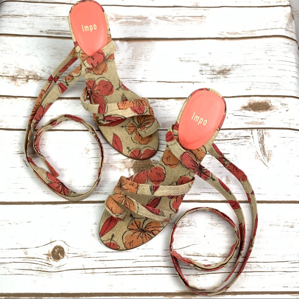 Ankle wrap, beige & coral floral pattern, leather sole, 4 inch, Impo heels